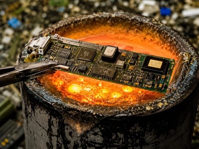 Circuit board being heated over open flame in a tin can to melt solder and remove components.