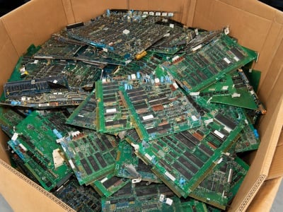Cardboard box filled with discarded circuit boards destined for overseas scrap markets.