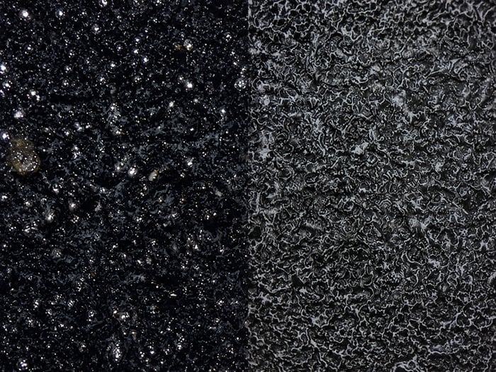 Microscope comparison of a bubbly resurfaced counterfeit surface beside a gritty matte genuine surface