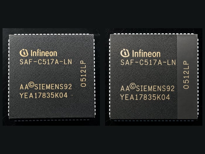 Two counterfeit Infineon SAF-C517A-LN parts with identical external markings hiding two different internal dies