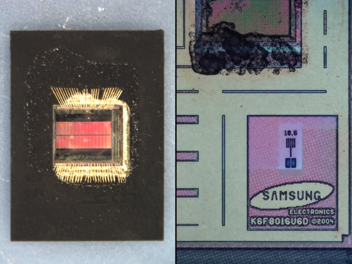 Decapsulated IC die showing a Samsung logo, compared against the manufacturer reference for authentication