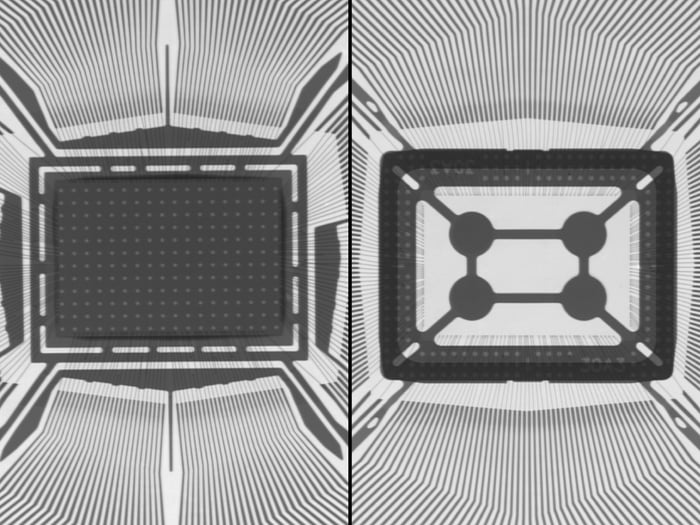 X-ray comparison of two parts with the same lot code showing different internal die and lead frames