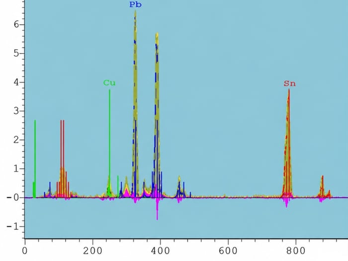 XRF analyzer spectrum report showing lead-finish elemental composition for counterfeit screening